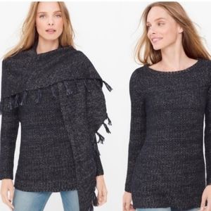 Long tunic style sweater with detachable scarf